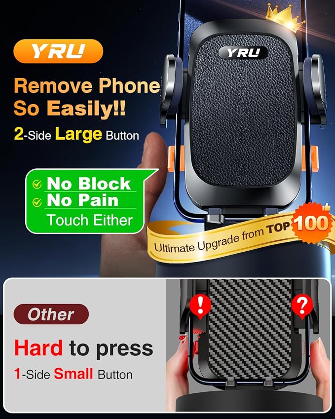 YRU True Military-Grade [360° Rotation Suction] 2026 Ultimate Car Phone Holder Mount 【90+LBS Safest Strongest & Patent Certs】 Dashboard Windshield Vent for iPhone 17 16 Pro Max Samsung, Matt Black