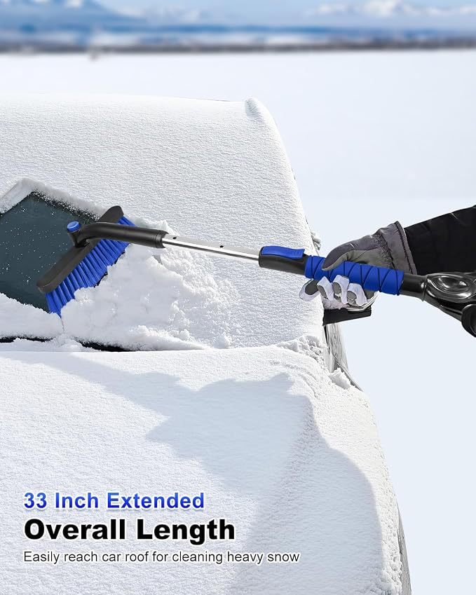 33 Inch Snow Brush and Ice Scraper for Car Windshield, Extendable Snow Scraper and Brush with Foam Grip for Truck SUV Vehicle Window - Blue