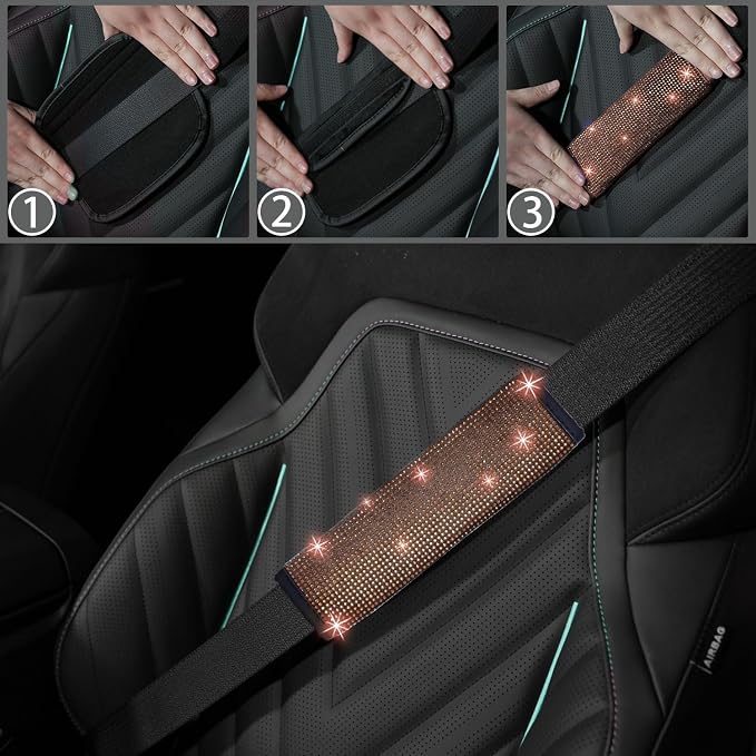 12 Pcs Bling Car Accessories Set for Women Car Floor Mats Full Set Steering Wheel Cover Seat Belt Covers Coasters Universal Fit Car SUV Truck Van Champagne
