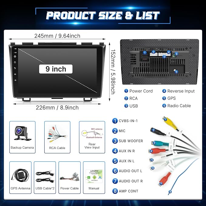 8 Core Car Stereo for Honda CRV 2007-2011, 9” Touch Screen for Honda CRV Car Radio Apple Carplay & Android Auto, CarPlay Radio Head Unit with Bluetooth/GPS/MirrorLink/FM/SWC Backup Camera