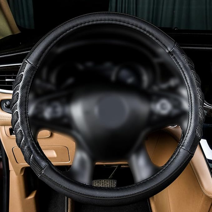 car Steering Wheel Cover Faux Leather Massage Universal fit 3D Honeycomb Hole Anti-Slip Sporty 15 Inches (Black Black)