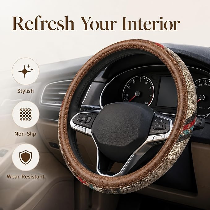 Universal 15inch Ethnic Style Baja Blanket Steering Wheel Cover with Coarse Flax Cloth and Sweat Absorption Anti Slip Car Wrap (Boho Brown leather2)