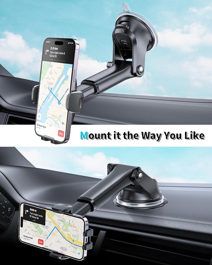 Suction Cup Phone Holder Windshield/Dashboard/Window, Suction Cup Car Phone Mount with Strong Sticky Gel Pad, Compatible with iPhone, Samsung & All Cellphones, Matte Black