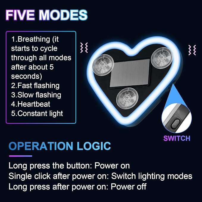 Heart-Shaped LED Neon Light | Solar and USB Rechargeable | 2 Pack Blue Car Interior Lights with Suction Cups | 40 High-Brightness LEDs Car Ambient Light, 5 Modes