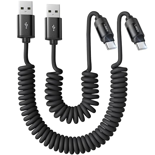 Coiled USB C Cable, 2 Pack for Android Auto & CarPlay Cable, Short USB A to USB C Cable Compatible with iPhone 17/16/15, Samsung Galaxy S25/S24/S23 A15/A14, Google Pixel 9/8, Space Black 4+6FT