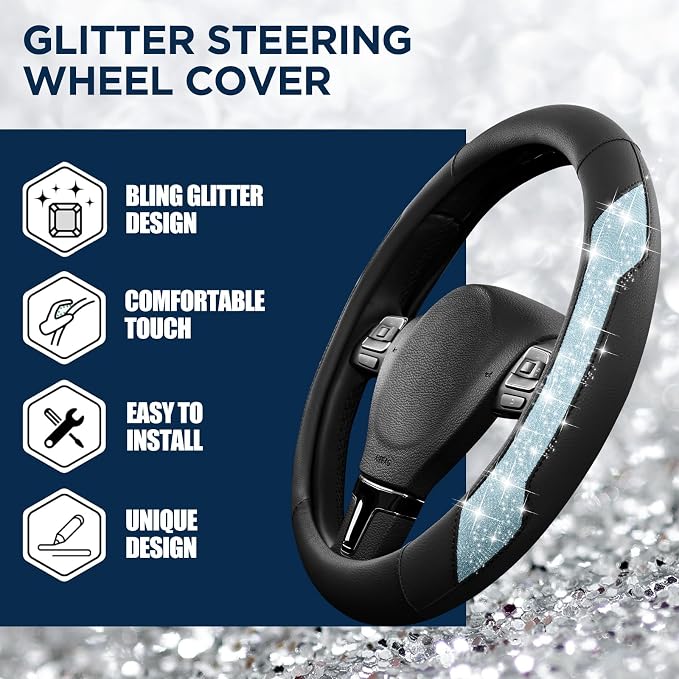 Steering Wheel Cover, Light Blue Sparkly Crystal Bling Glitter with Leather, Universal Fit 14.5"-15.5" Steering Wheels for Girls & Women, Anti-Slip Wheels Cover for Cars, Trucks, Van, SUVs