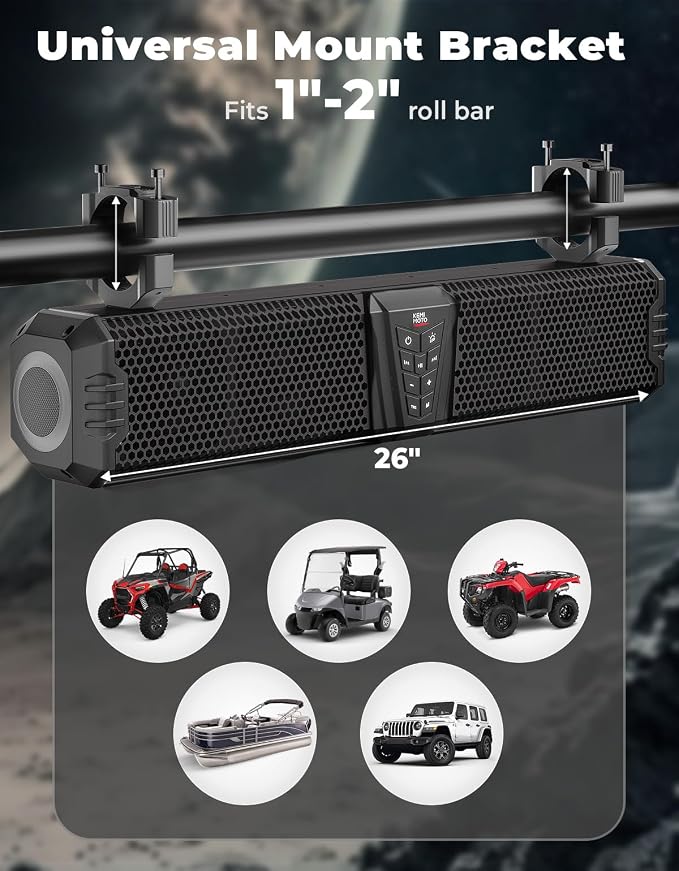 2025 Midnight 60 26-inch UTV Sound Bar, IP66 Waterproof Golf Cart Sound Bar, ATV Speaker Bluetooth with RGB, SxS Soundbar Compatible with Polaris RZR Can-Am w/ 1-2 in Roll Bar