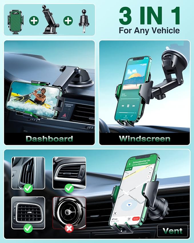 Phone Holders for Your Car 2026 Ultimate Phone Mount Military-Grade Windshield Dashboard Vent【Newest Best Strongest】 Cell Phone Car Mount for iPhone 16 Pro Max 15 Samsung Android,Green