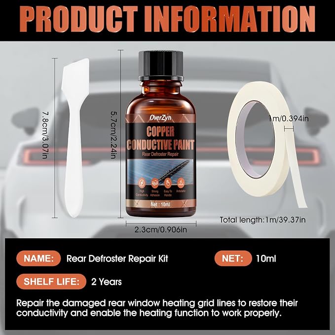 Copper Conductive Paint with Masking Tape and Scraper, High Conductivity, Used to Repair Various Types of Damage to Automotive Rear Window Defroster Grilles, 0.33 oz