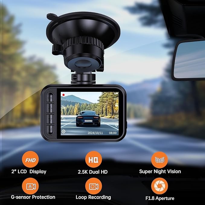 Dash Cam Front and Rear, 2.5K Dual Dash Camera for Cars, 2560P Mini Car Camera, 2 inch IPS Screen, WDR Night Vision, 24 Hours Parking Monitor, G-Sensor, Support 256 GB Max