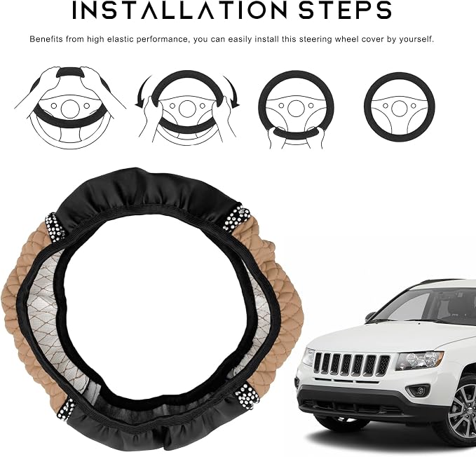 Bling Car Steering Wheel Cover, 15 Inch Sparkly Rhinestone Soft Leather Steering Wheel Protector, Non-Slip Universal Auto Elastic Steering Wheel Covers for Women Girls (Beige)