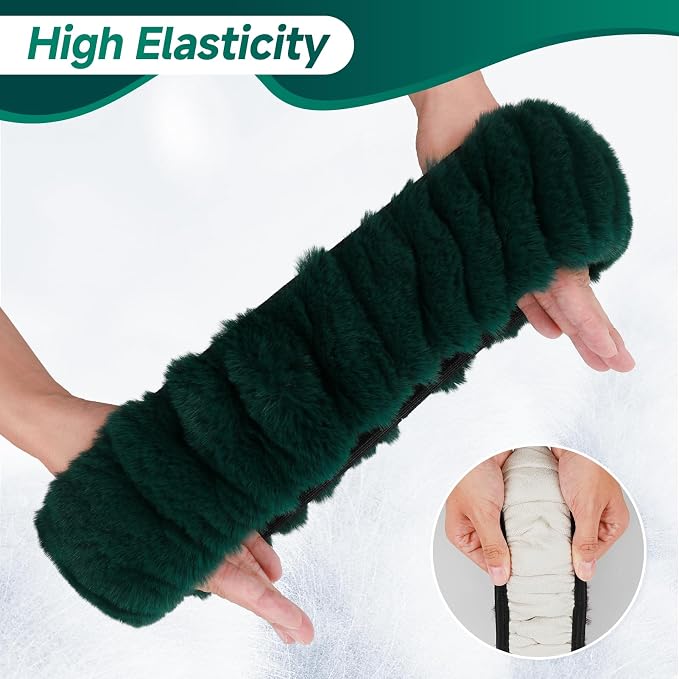 Furry Car Steering Wheel Cover with Gear Shift Cover, Soft and Warm, Cute Fluffy Auto Decor for Women Men, Standard Size, 2 PCS Set, Dark Green
