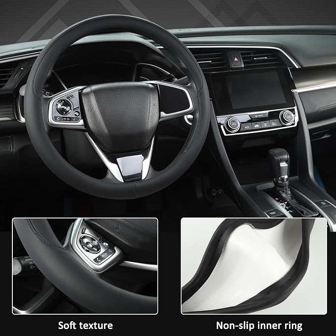 Thin Slim Car Steering Wheel Cover, Universal 14.5-15 inch Nappa Leather Steering Wheel Cover, Ultra Thin, Anti-Slip, Breathable(Black-Standard Size)