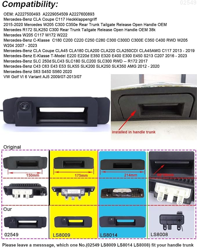 Trunk Handle Rear View Reverse Backup Camera Night Vision Parking Assistance Replacement for Mercedes-Benz C-Klasse C180 C200 C220 C250 C280 C300 C300D C300E C350 C400 RWD (Model 02549=195 * 54mm)