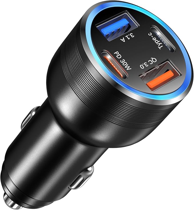65W USB C Car Charger, 4 Port Cigarette Lighter Adapter QC/PD 30W Fast Charging Dual 12V USB Car Phone Charger Power Adapter Plug for iPhone 16 15 14 13 12 iPad Pro,Samung S24(Black)