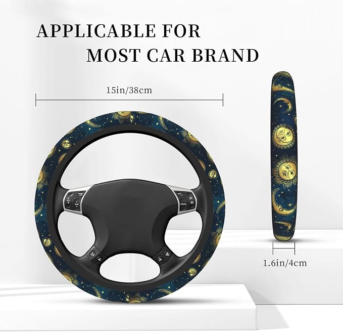Gold Moon Sun Stars Magical Steering Wheel Cover for Women Men Girls Car Accessories Decor Anti-Slip Neoprene Auto Steering Wheel Covers Protector Universal 15 Inch