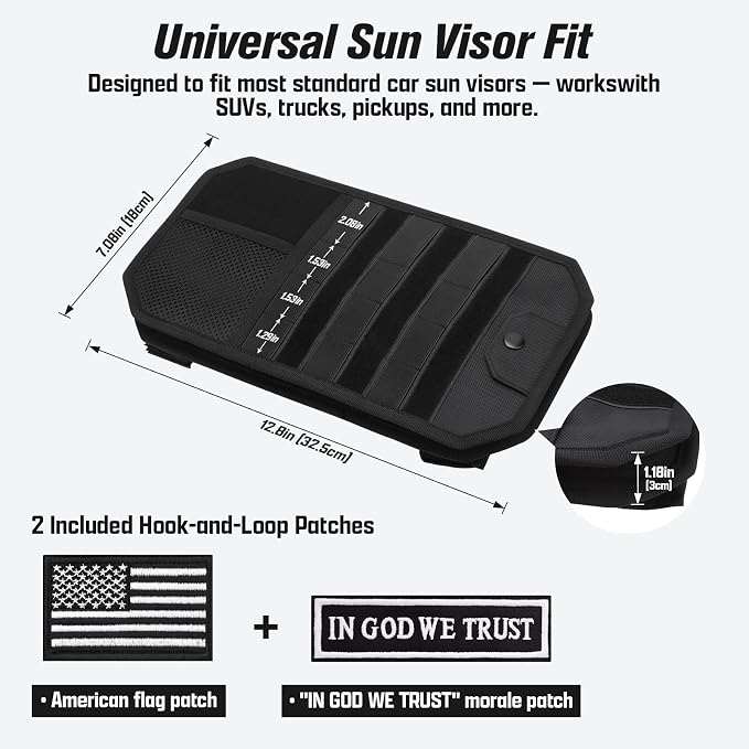 Visor Organizer, Car Visor Organizer | Sun Visor Organizer with Sunglasses Holder | Pockets | Card Slots | Tactical Visor Organizer | MOLLE Visor Organizer
