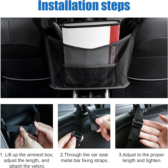 Car Net Pocket Handbag Holder, Organizer Mesh Bag Between Two Seat, Driver Storage Netting Pouch for Handbag Purse, Barrier of Backseat Pet Kids, Car Accessories for Women Men (Black)