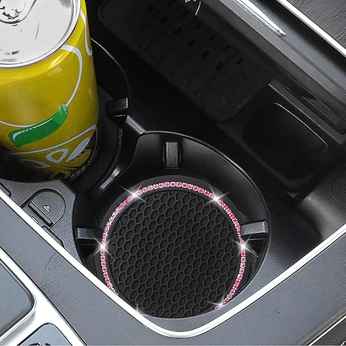 4 Pack Car Coasters, Universal Vehicle Bling Car Coaster, Cute Rhinestone Coaster for Cup Holders,Interior Accessories 2.75'' Silicone Anti Slip Car Coasters for Women (Pink Crystal Circle)
