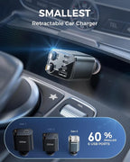 Upgraded Retractable Car Charger, [Ultra-Compact] 6-Port Car Charger USB C, iPhone Car Chargers Fast Charging with USB C & Apple Cable, RV Power Adapter for iPhone 17/16/15/14/13/12