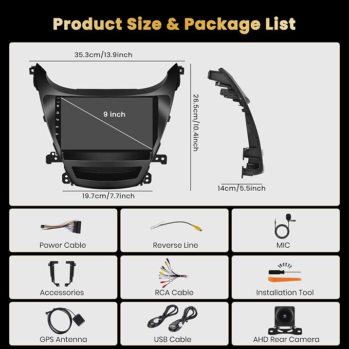 8 Core 4+64GB for Hyundai Elantra 2014-2016 Android 15 Car Stereo Wireless Apple Carplay, 9 Inch IPS Touchscreen Car Radio 59UI GPS Navigation WiFi 32EQ DSP Backup Camrea