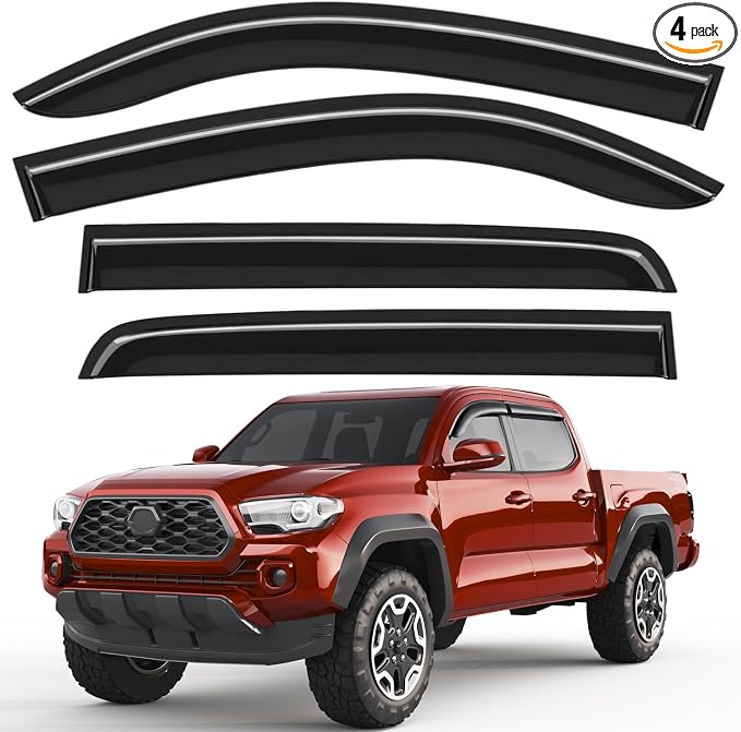Outside-Mount Window Rain Guards Fit for 2016-2023 Toyota Tacoma Double Cab, Extra Durable Window Visors Wind Deflector Dark Smoke Vent Shades Car Tape-on with Thicker 4PCS