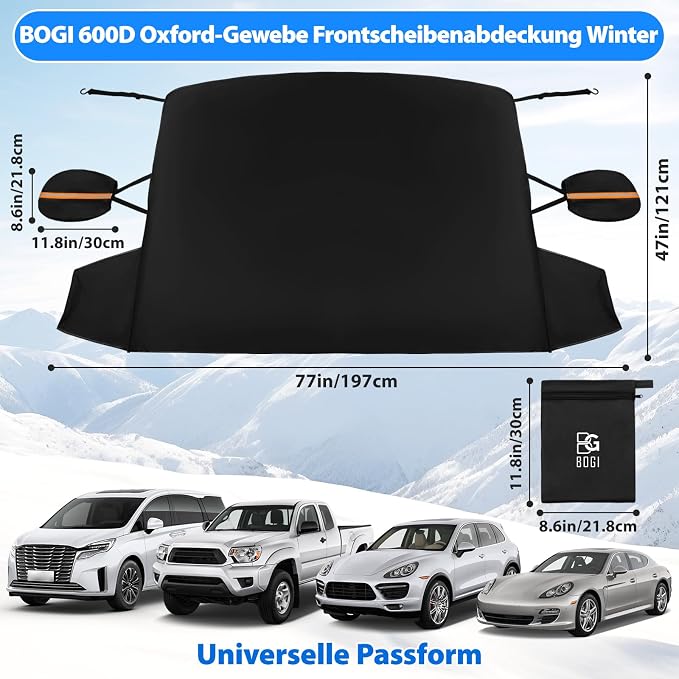 Windshield Cover for Ice and Snow, Heavy Duty 600D Windshield Snow Cover with 2 Mirror Covers Waterproof Car Cover for Snow Windshield Protector for Cars, SUVs, Trucks (77"x47")