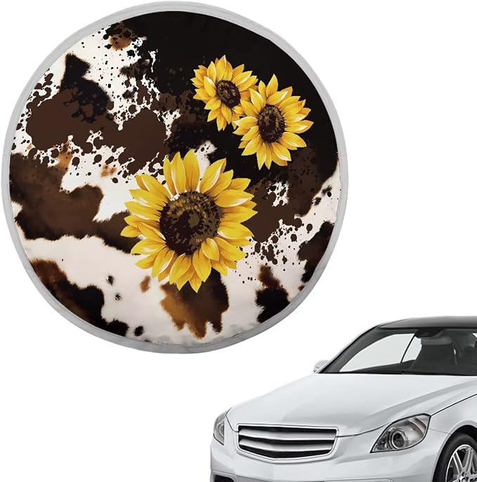 Steering Wheel Cover Sun Shade 17 inch Anti-Heat Steering Wheel Cover Sun Protection Sunflower and Brown Cow Print Car Accessories for Women Universal Fit for Most Vehicle SUV Trucks Sedan