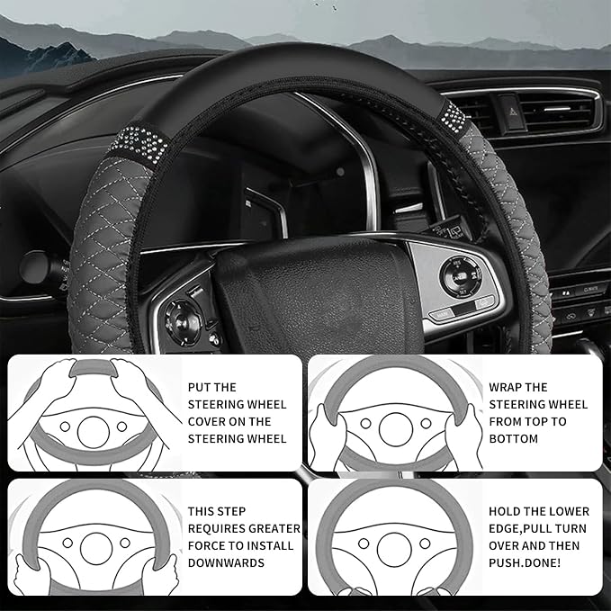 Bling Car Steering Wheel Cover, 15 Inch Rhinestones Soft Leather Elastic Steering Wheel Protector, Sparkly Crystal Diamond for Women, Car Interior Accessories for Most Cars (Grey)