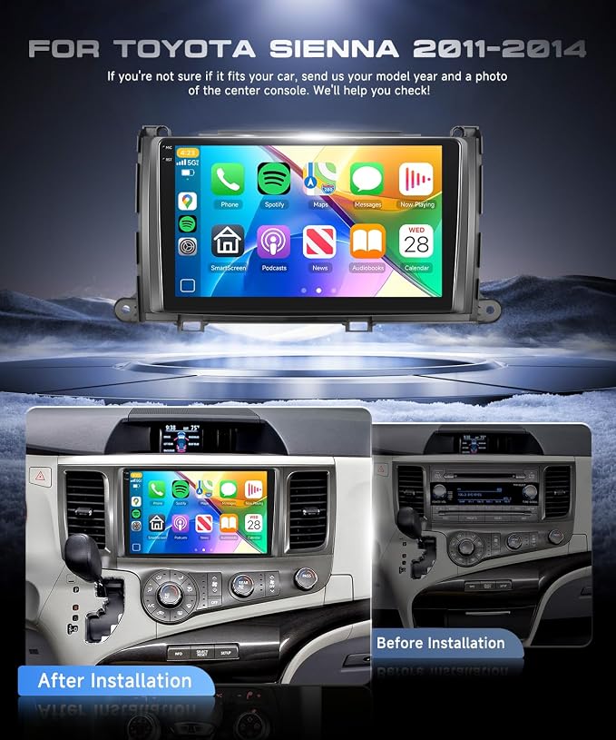 4G+128G Car Stereo for Toyota Sienna 2011-2014, Wireless CarPlay Android Auto, 9’’ Incell HD Touch Screen Android 15 Car Stereo with GPS, WiFi, Bluetooth 5.0, FM, 32 EQ, SWC, Backup Camera