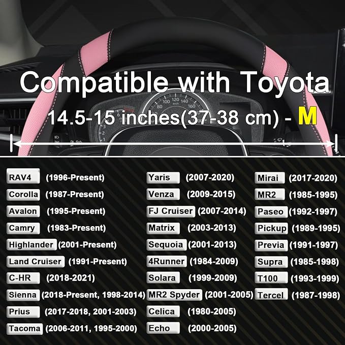 Customized Auto Car Steering Wheel Cover for Toyota Rav4 Corolla Camry Highlander (Black+Pink-Standard Size)