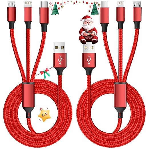 Multi Charging Cable, (2 Pack 4FT) Multi USB Charger Cable 3 in 1 Charging Nylon Braided Multi Charging Cord with Type-C, Micro USB, IP Port for Most Phones/iPhones/Tablets, Red