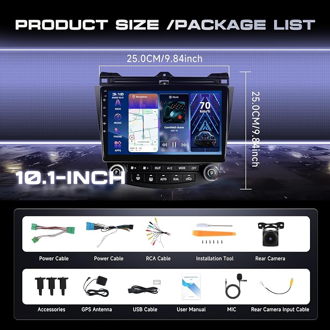 4G+64G Car Radio Stereo for Honda Accord 2003-2007, Wireless CarPlay Android Auto 10.1 Inch IPS Touch Screen Android 13 GPS Head Unit WiFi Bluetooth DSP Audio USB Dual Mic HD Rear Camera