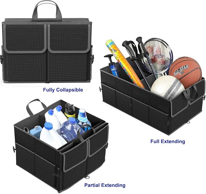 Foldable Car Trunk Organizer for SUV, 3-Compartment, Black | with Removable Divider, Side Pockets and Securing Straps