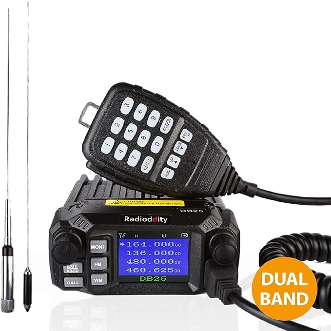DB25 Pro Dual Band Quad-Standby Mini Mobile Car Truck Radio, 4 Color Display, 25W Vehicle Transceiver with Cable + High Gain Quad Band Antenna