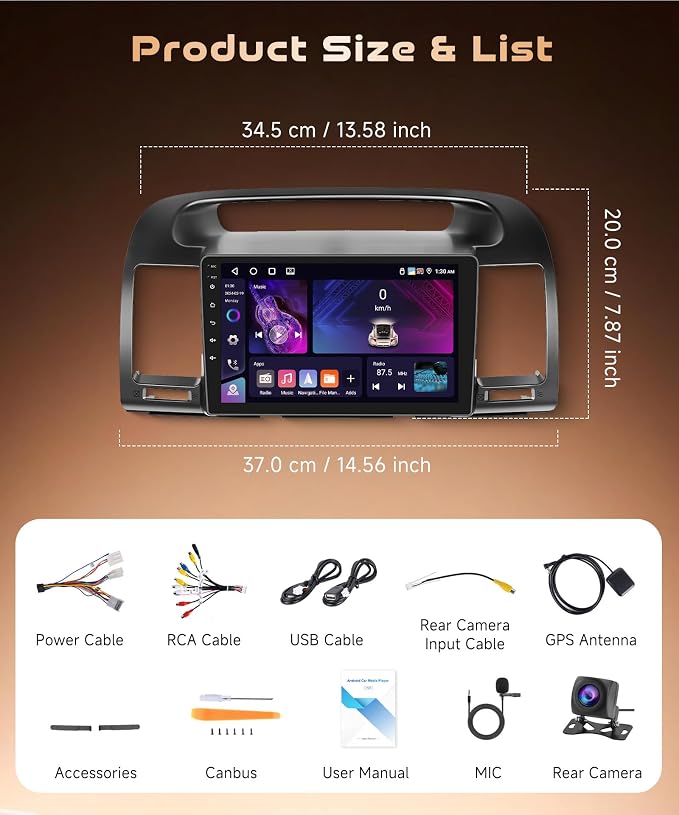 4G+64G Car Stereo for Toyota Camry 2000-2006 (Not J.B.L), Wireless CarPlay Android Auto, GPS 5G-WiFi, Bluetooth 5.0, 9 inch Touch Screen Radio for Camry, Backup Camera SWC FM RDS EQ