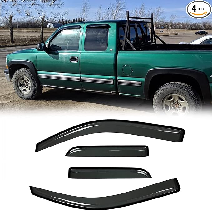 Original Side Window Wind Deflector for 2007-2013 Chevy Silverado/GMC Sierra 1500,2007-2014 2500HD/3500HD with Extended Cab, 4pcs Out-Channel Tape-On Rain Guards Set,Window Visor 94040