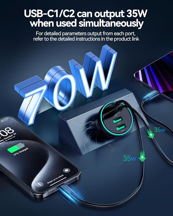 70W USB C Car Charger, 4-Port PD Super Fast Charging Type C Car Charger for Multiple Devices, Cigarette Lighter Adapter, USBC Phone Adapter for iPhone 17/17 Air/16/15 Pro Max,Samsung S25,Piexl