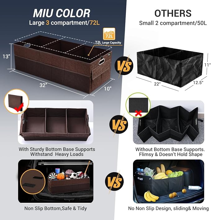 Trunk Organizer for Car, 12 Pockets Sturdy Car Organizer for SUV, Non-Slip Bottom, Storage Organizer for Sedans, Van, Jeep, Grocery, Large 3 Compartments, Brown Vintage 32"×13"×10.6"