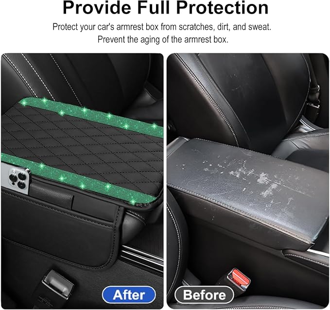 Bling Car Center Console Cover, Leather Car Arm Rest Cover Cushion with 2 Storage Bags, Universal Auto Armrest Protector Storage Box, Bling Accessories Interior for Most Vehicles (Green)