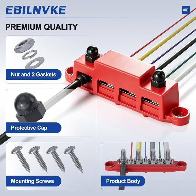 Bus Bar 12V 250A Power Distribution Block 4 x 5/16"(M8) Studs | Marine Bus Bar, 12 Volt Battery Busbar, Terminal Block, Automotive, Car, Boat, Solar Wiring, Positive & Negative