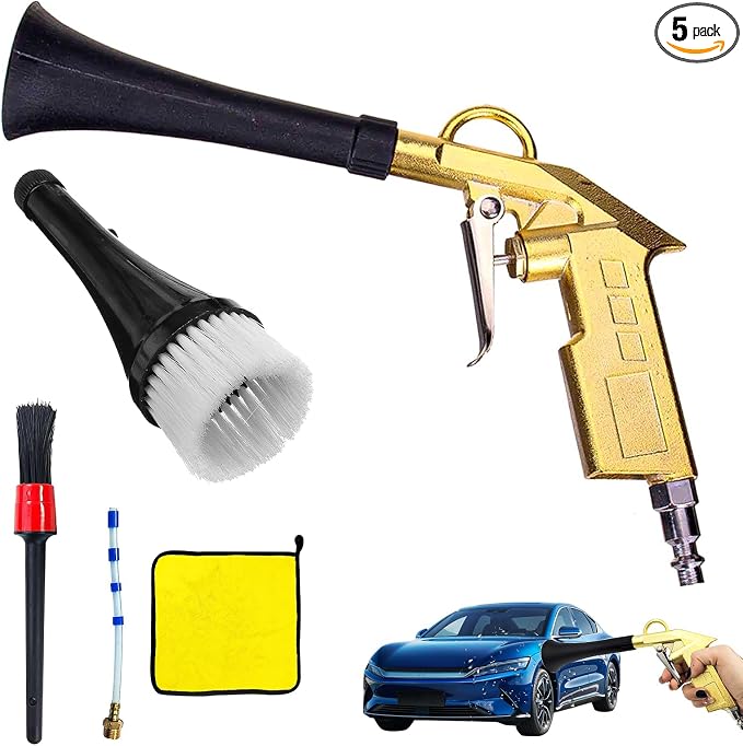 5-Piece Car Detailing Kit Air Blaster Mini Air Gun for Car Detailing, Air Compressor Blower Gun with 2 Pcs Brushes, Aluminum Alloy Dry Cleaning Gun with Detail Tool Attachments, for Car Detailing