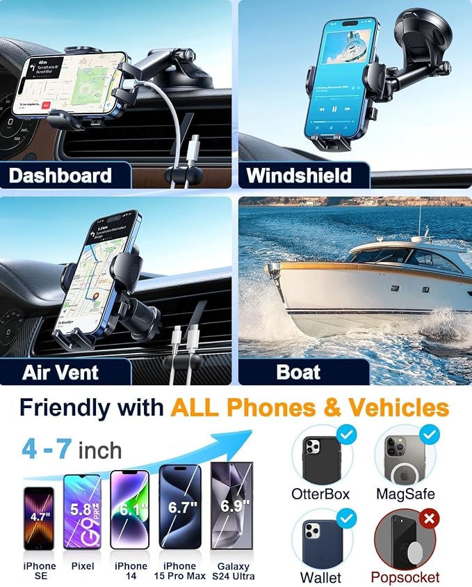 YRU True Military-Grade [360° Rotation Suction] 2026 Ultimate Car Phone Holder Mount 【90+LBS Safest Strongest & Patent Certs】 Dashboard Windshield Vent for iPhone 17 16 Pro Max Samsung,Blue Black