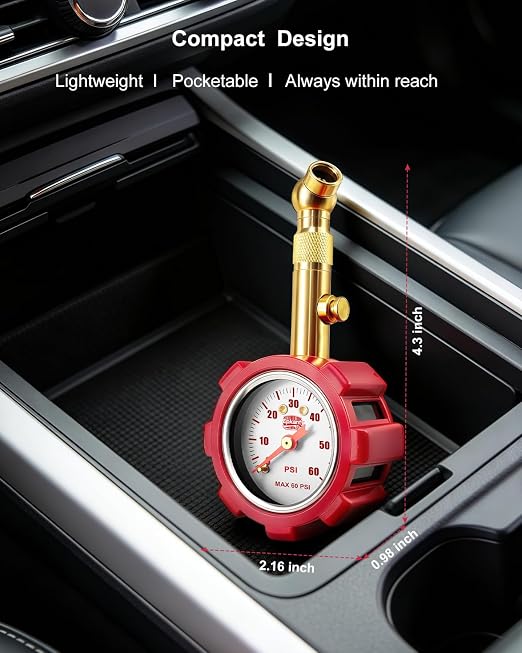 Tire Pressure Gauge – 5–60 PSI Analog Gauge with Pressure Hold, Extended Sealing 360° Swivel Chuck & Dual Protective Shell – Fits All Standard Valve Stems