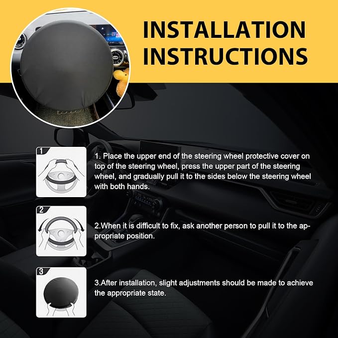 Car Steering Wheel Cover Sun Shade, 15.7" All-round Sun-proof and Anti-aging Protector for All Seasons, Thickened Waterproof Sunshade Cover, Universal for Most Car Truck SUV (Black)
