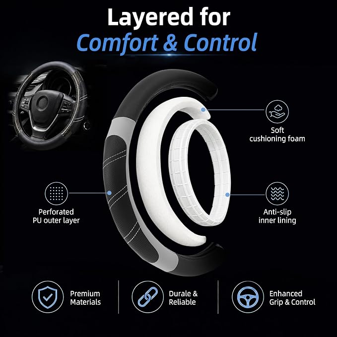 Sport Leather Steering Wheel Cover 14 1/2 inch to 15 inch Universal, Padded Soft Grip Breathable for Car Truck SUV Jeep, Anti Slip Odorless Carbon Fiber Black
