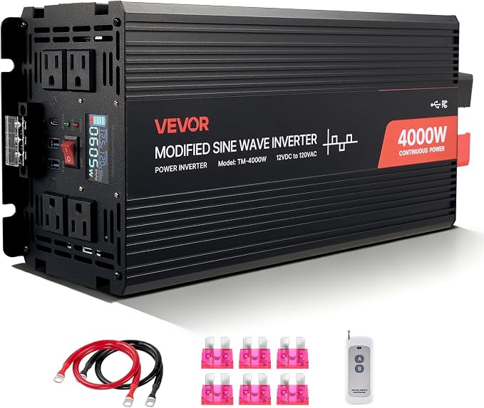 4000W Power Inverter, 12V DC to 120V AC Modified Sine Wave Inverter, Solar Car Charger Converter with LCD Display, Remote Control, 2 USB Ports, 4 AC Outlets, Type-C Port, for RV, Truck Outdoor