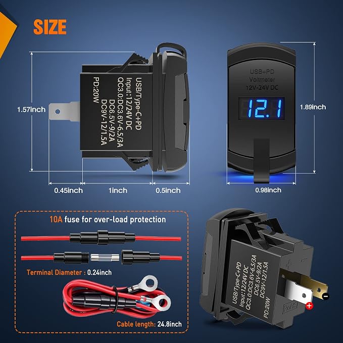 Rocker Switch Style USB Outlet LED Voltmeter Quick Connector 12V PD Type C and USB QC 3.0 Cars Replacement with Inline Fuse for Switches Panel on Boats RV Truck Car