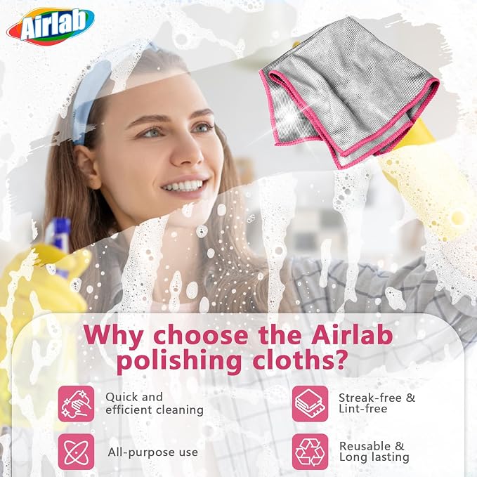 Airlab Glass Polishing Cloth Streak Free Miracle Cleaning Cloth Lint Free Microfiber Cleaning Rags for Glasses Kitchen Dish Mirrors Easy Clean, Pack of 6, 12" x 12", Sliver-Pink