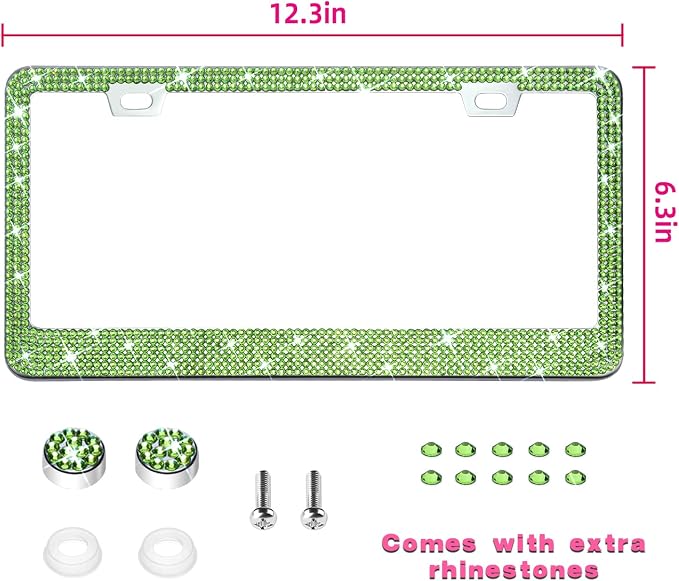 Bling License Plate Frame for Women, 1PCS Sparkly License Plate Frames| Over 1200 pcs 14 Facets Bedazzled Clear Glass Diamond Rhinestone Crystals w/Free Glitter Diamond Box (Olive Green)